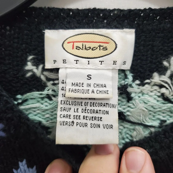 Talbots Petite Y2K Black Linen Blend Knit Pastel Snowflake Button Up Cardigan S - Picture 5 of 7